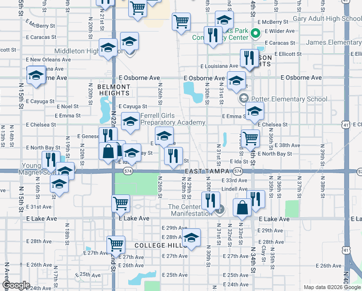 map of restaurants, bars, coffee shops, grocery stores, and more near 2614 East 38th Avenue in Tampa