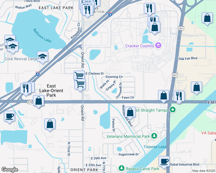 map of restaurants, bars, coffee shops, grocery stores, and more near 4305 Walis Place in Tampa