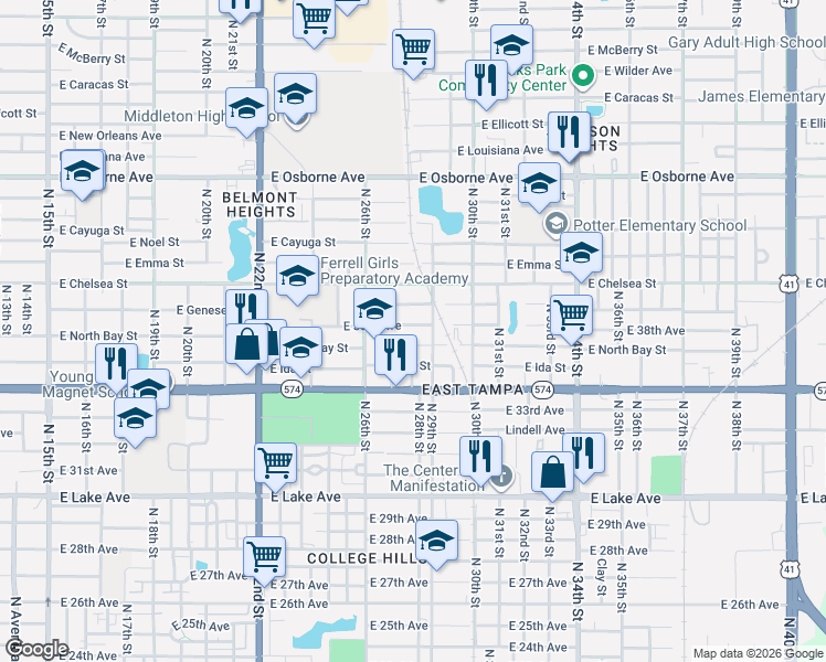 map of restaurants, bars, coffee shops, grocery stores, and more near 2614 East 38th Avenue in Tampa