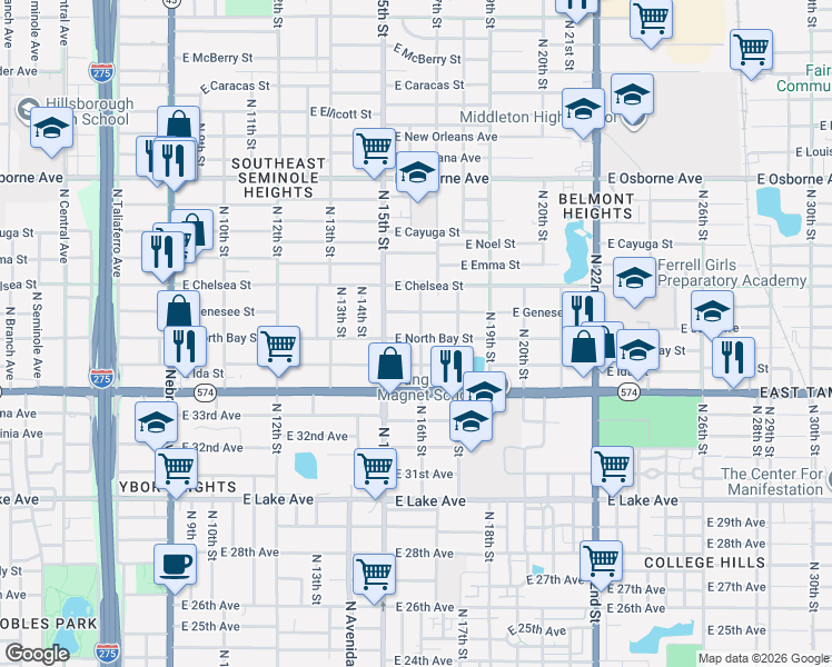 map of restaurants, bars, coffee shops, grocery stores, and more near 1601 East Genesee Street in Tampa
