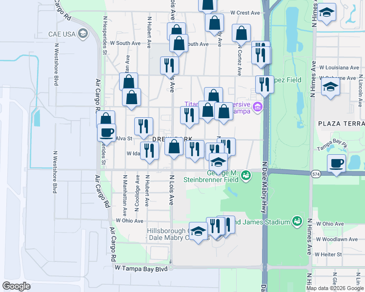 map of restaurants, bars, coffee shops, grocery stores, and more near 4024 West Alva Street in Tampa
