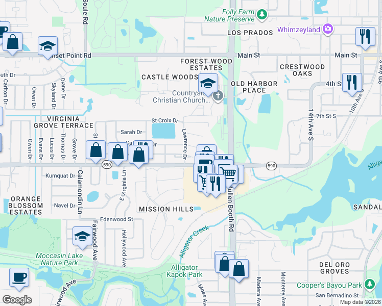 map of restaurants, bars, coffee shops, grocery stores, and more near 1718 Lawrence Drive in Clearwater