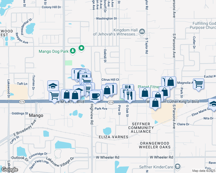 map of restaurants, bars, coffee shops, grocery stores, and more near 1427 Oak Valley Drive in Seffner