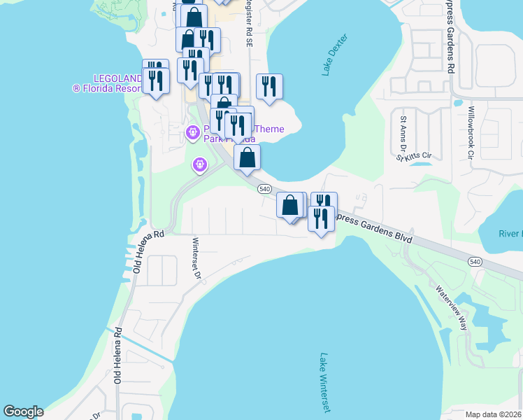 map of restaurants, bars, coffee shops, grocery stores, and more near 2072 Katie Court in Winter Haven