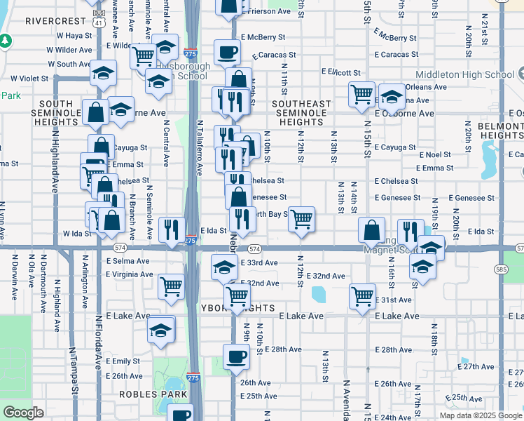 map of restaurants, bars, coffee shops, grocery stores, and more near 1003 East Genesee Street in Tampa