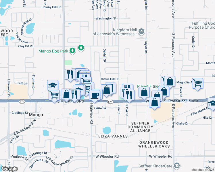 map of restaurants, bars, coffee shops, grocery stores, and more near 1428 Oak Valley Drive in Seffner