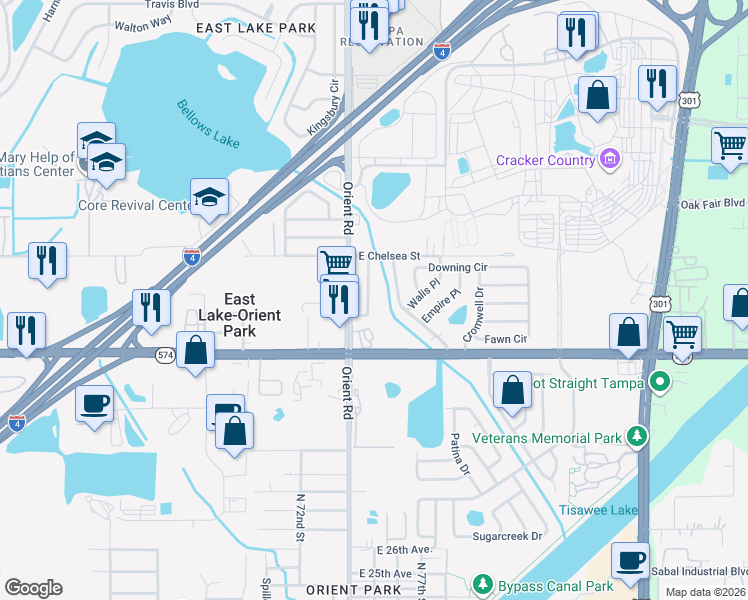 map of restaurants, bars, coffee shops, grocery stores, and more near 4205 King Alfred Drive in Tampa