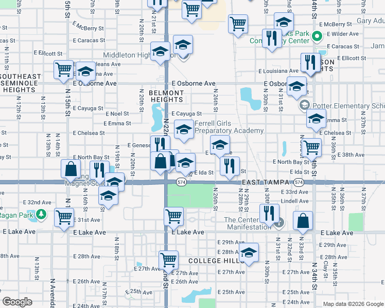 map of restaurants, bars, coffee shops, grocery stores, and more near 2401 East 38th Avenue in Tampa