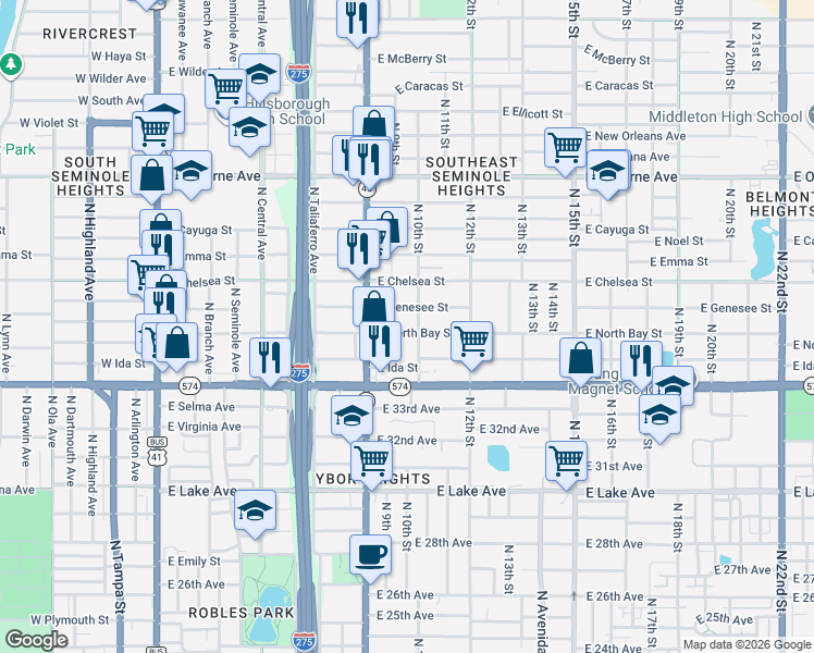 map of restaurants, bars, coffee shops, grocery stores, and more near 914 East North Bay Street in Tampa
