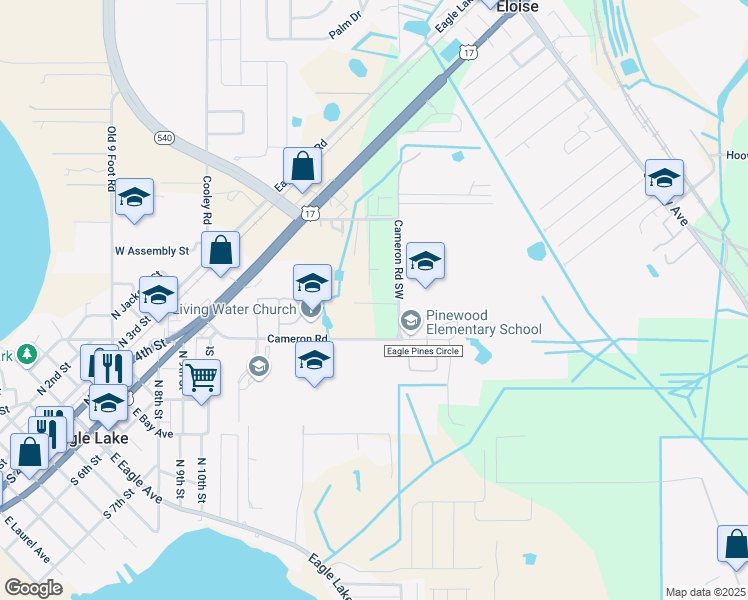 map of restaurants, bars, coffee shops, grocery stores, and more near 18 Grove Park Lane in Eagle Lake