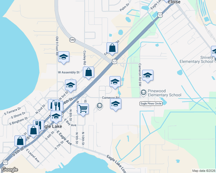 map of restaurants, bars, coffee shops, grocery stores, and more near 2060-2098 Clover Ridge Court in Eagle Lake