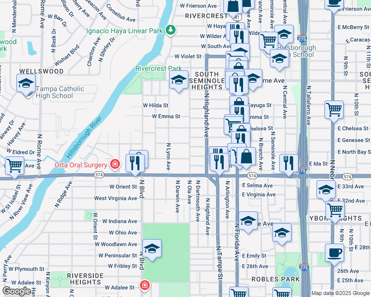 map of restaurants, bars, coffee shops, grocery stores, and more near 403 West Alva Street in Tampa