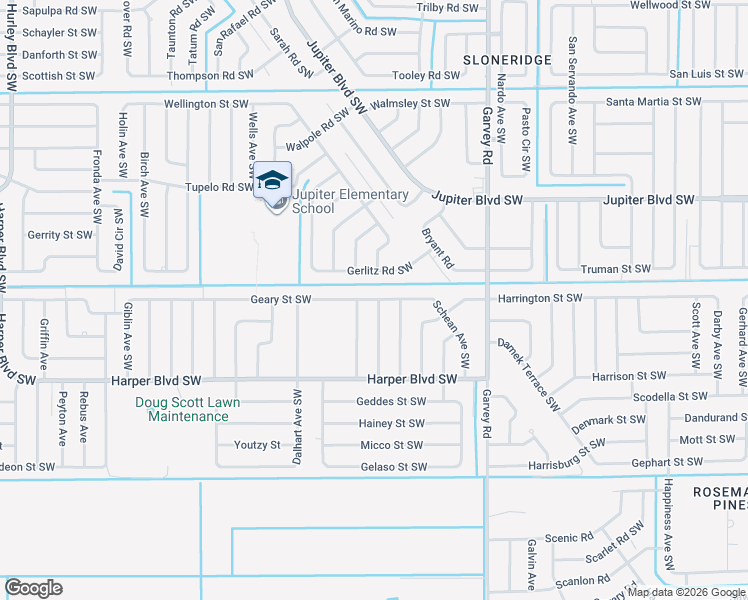 map of restaurants, bars, coffee shops, grocery stores, and more near 771 Geary Street Southwest in Palm Bay