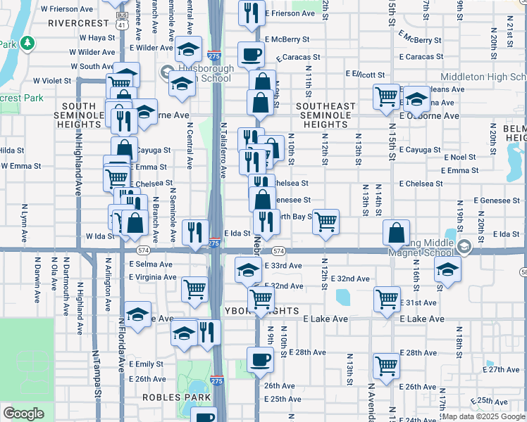 map of restaurants, bars, coffee shops, grocery stores, and more near in Tampa