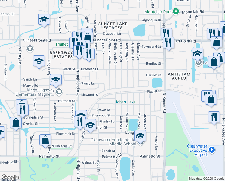 map of restaurants, bars, coffee shops, grocery stores, and more near 1701 Bellemeade Drive in Clearwater
