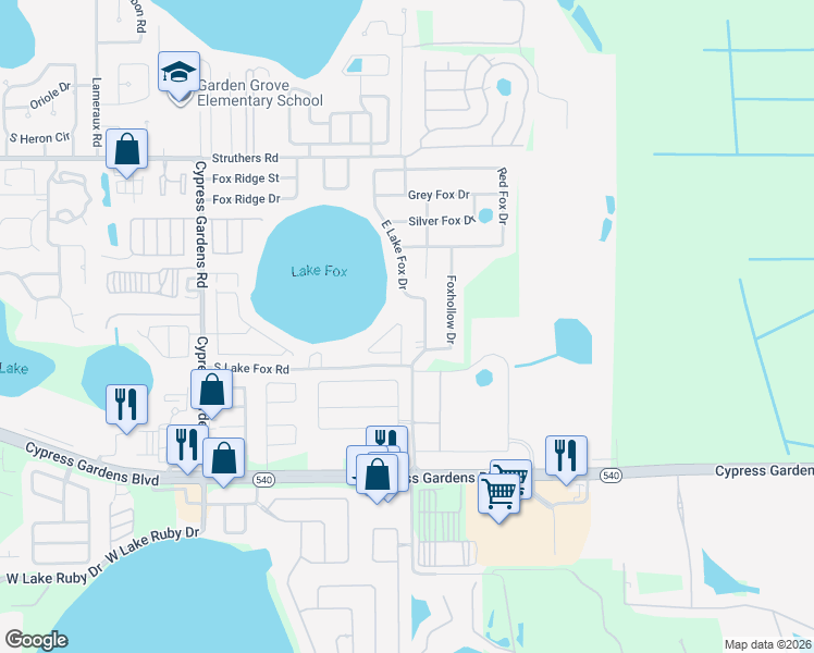 map of restaurants, bars, coffee shops, grocery stores, and more near 5741 East Lake Fox Drive in Winter Haven