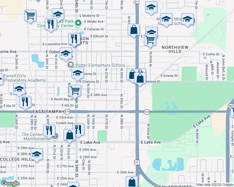 map of restaurants, bars, coffee shops, grocery stores, and more near 3711 East Genesee Street in Tampa