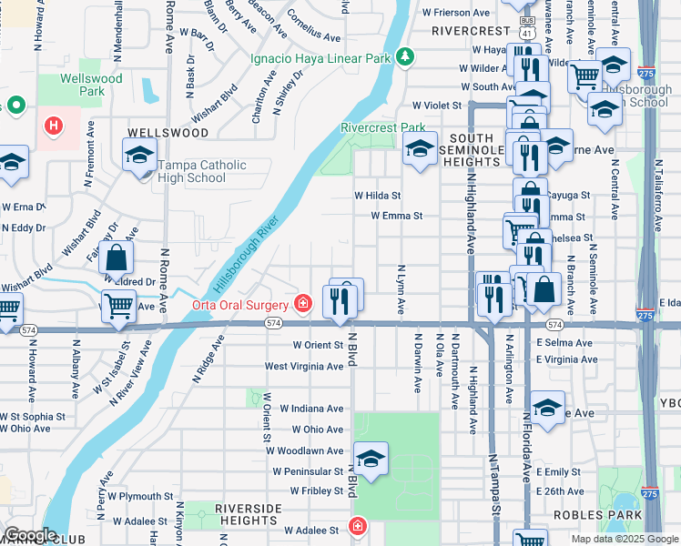 map of restaurants, bars, coffee shops, grocery stores, and more near 711 West River Heights Avenue in Tampa