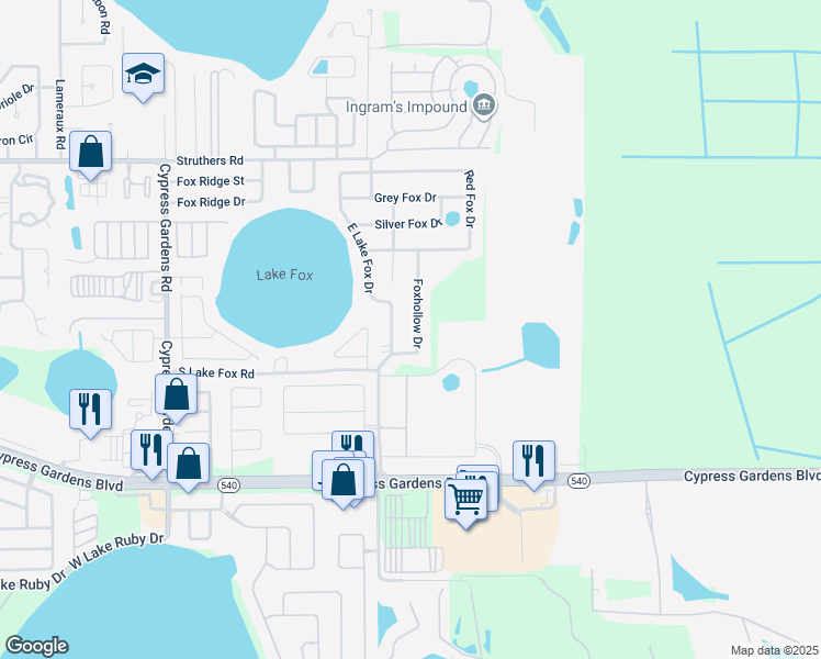 map of restaurants, bars, coffee shops, grocery stores, and more near 5969 Foxhollow Drive in Winter Haven