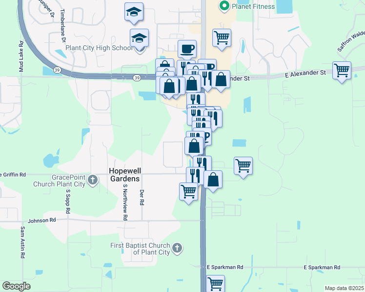 map of restaurants, bars, coffee shops, grocery stores, and more near 201-393 Park Springs Circle in Plant City