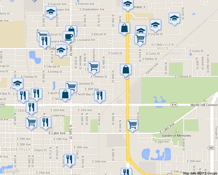 map of restaurants, bars, coffee shops, grocery stores, and more near 3711 East Genesee Street in Tampa
