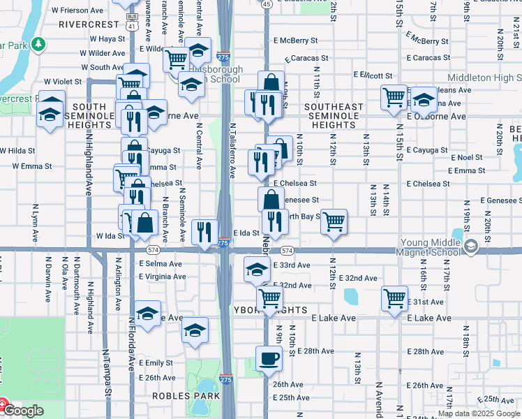 map of restaurants, bars, coffee shops, grocery stores, and more near 811 East Genesee Street in Tampa