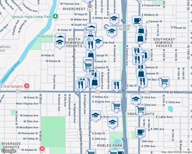 map of restaurants, bars, coffee shops, grocery stores, and more near 4207 North Suwanee Avenue in Tampa