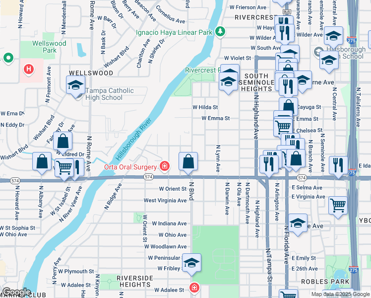 map of restaurants, bars, coffee shops, grocery stores, and more near 711 West River Heights Avenue in Tampa