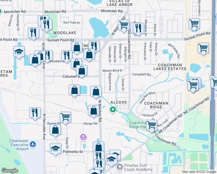 map of restaurants, bars, coffee shops, grocery stores, and more near 1733 Ragland Avenue in Clearwater