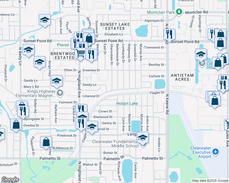 map of restaurants, bars, coffee shops, grocery stores, and more near 1701 Bellemeade Drive in Clearwater