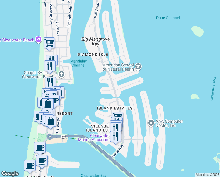 map of restaurants, bars, coffee shops, grocery stores, and more near 480 Island Way in Clearwater