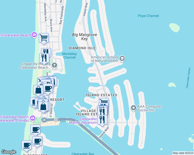 map of restaurants, bars, coffee shops, grocery stores, and more near 480 Island Way in Clearwater
