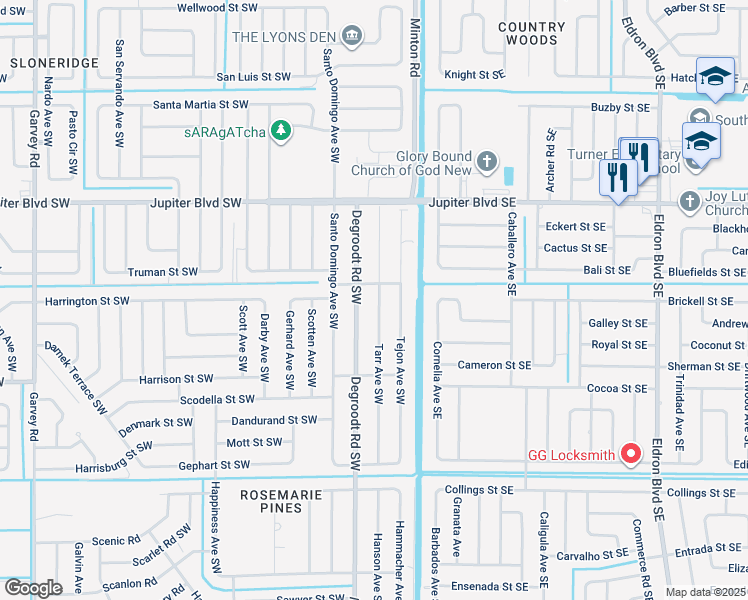 map of restaurants, bars, coffee shops, grocery stores, and more near 662 Tarr Avenue Southwest in Palm Bay