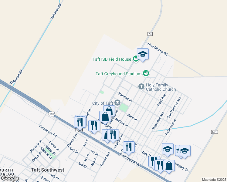 map of restaurants, bars, coffee shops, grocery stores, and more near 603 Victoria Avenue in Taft