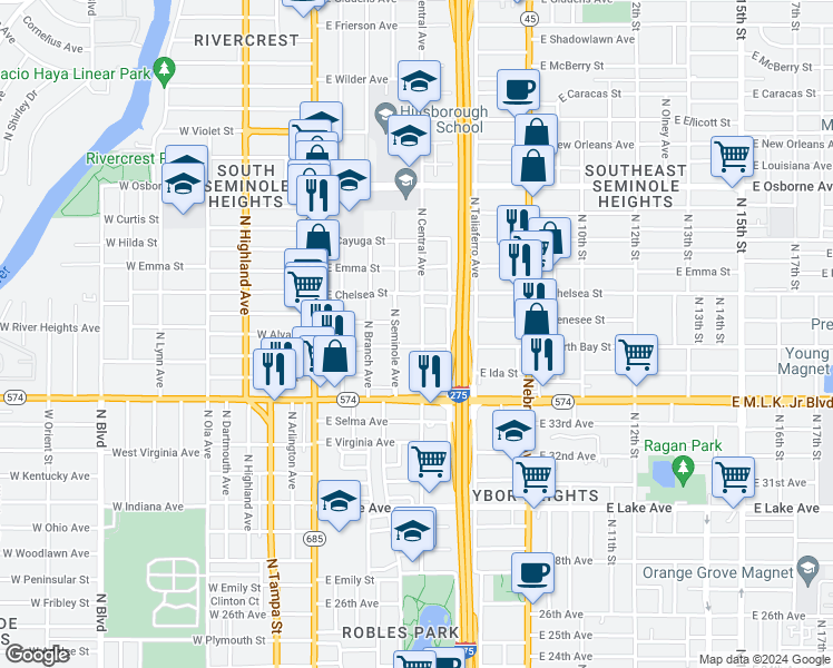 map of restaurants, bars, coffee shops, grocery stores, and more near 4106 North Central Avenue in Tampa