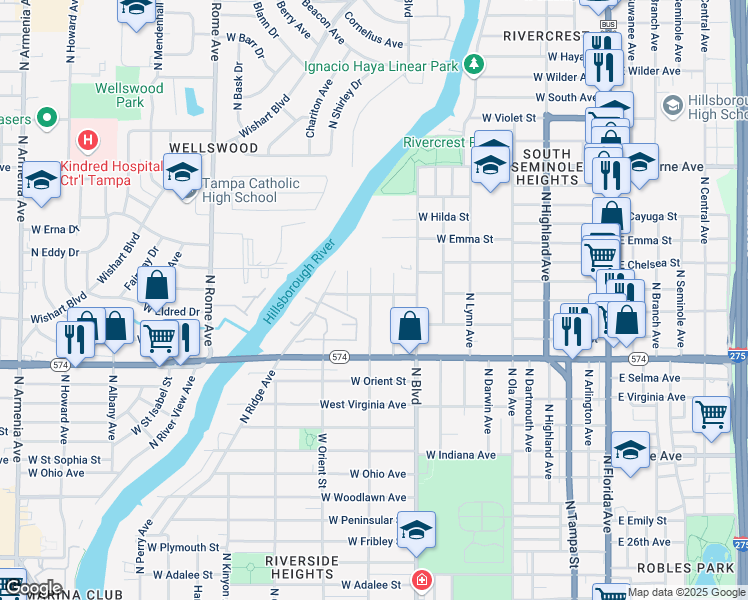 map of restaurants, bars, coffee shops, grocery stores, and more near 812 West River Heights Avenue in Tampa