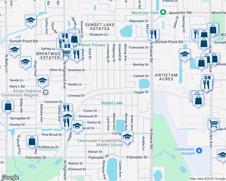 map of restaurants, bars, coffee shops, grocery stores, and more near 1673 Linwood Drive in Clearwater