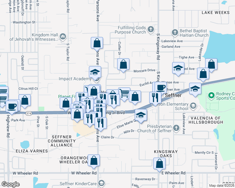 map of restaurants, bars, coffee shops, grocery stores, and more near 510 Magnolia Avenue in Seffner