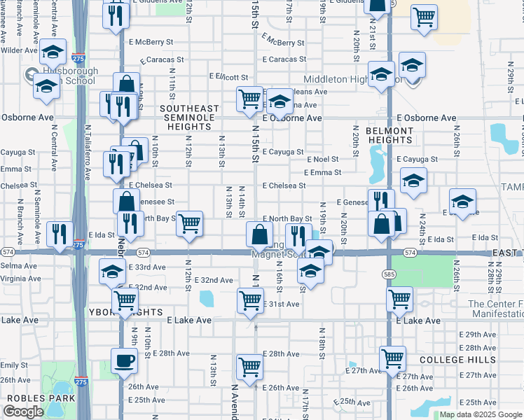 map of restaurants, bars, coffee shops, grocery stores, and more near 4205 North 15th Street in Tampa