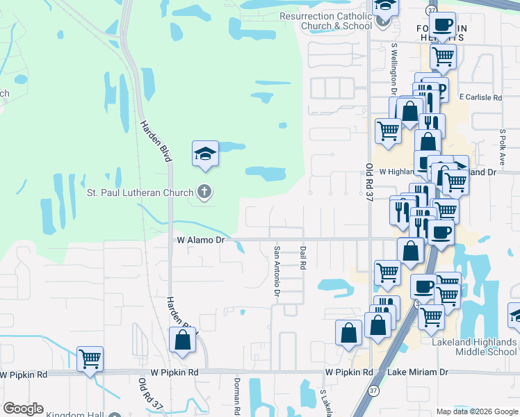 map of restaurants, bars, coffee shops, grocery stores, and more near 4515 South Remington Road in Lakeland