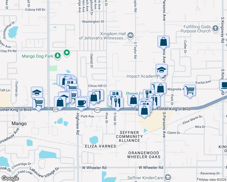 map of restaurants, bars, coffee shops, grocery stores, and more near 5008 Beechcraft Way in Seffner