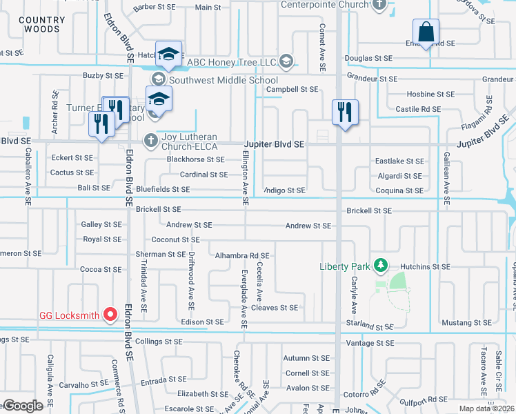 map of restaurants, bars, coffee shops, grocery stores, and more near 713 Brickell Street Southeast in Palm Bay