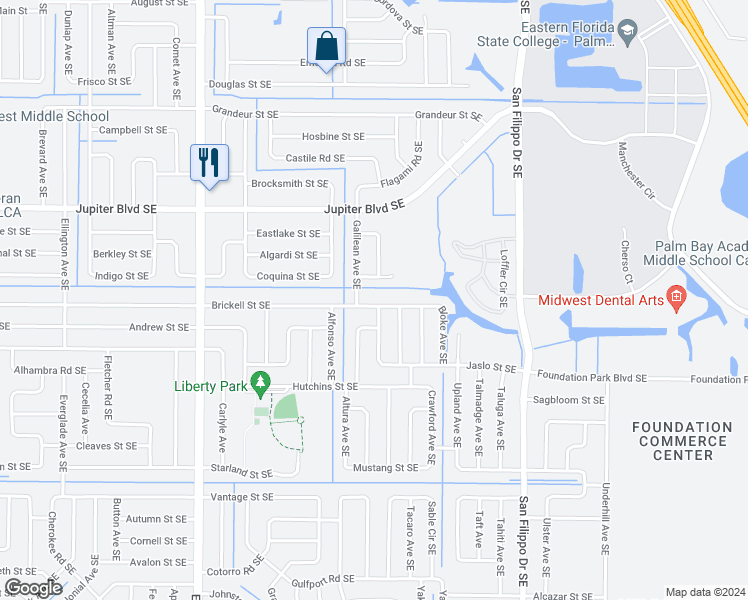 map of restaurants, bars, coffee shops, grocery stores, and more near 1099 Brickell Street Southeast in Palm Bay