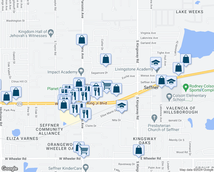 map of restaurants, bars, coffee shops, grocery stores, and more near 406 Magnolia Avenue in Seffner