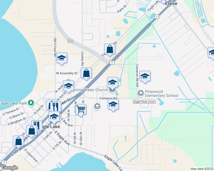 map of restaurants, bars, coffee shops, grocery stores, and more near 2119 Cabernet Court in Eagle Lake