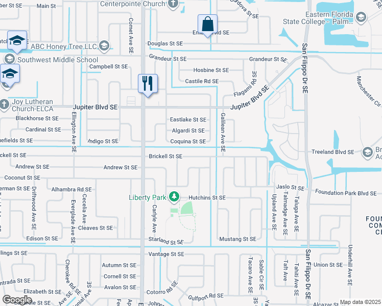 map of restaurants, bars, coffee shops, grocery stores, and more near 975 Brickell Street Southeast in Palm Bay