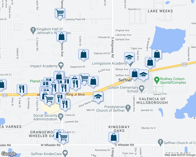 map of restaurants, bars, coffee shops, grocery stores, and more near 120 Magnolia Avenue in Seffner