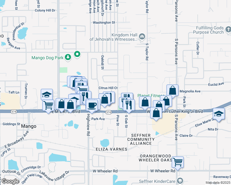 map of restaurants, bars, coffee shops, grocery stores, and more near 5018 Pine Street in Seffner