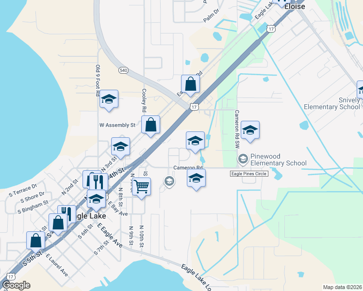 map of restaurants, bars, coffee shops, grocery stores, and more near 2060-2098 Clover Ridge Court in Eagle Lake