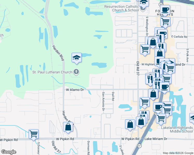 map of restaurants, bars, coffee shops, grocery stores, and more near 4515 South Remington Road in Lakeland